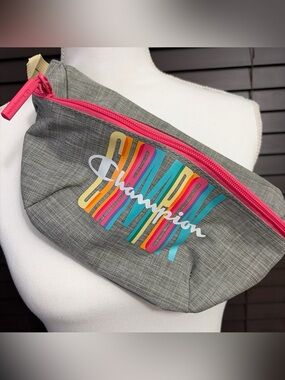 Champion Gray Waist Bag with Teal Interior and Pink Zipper